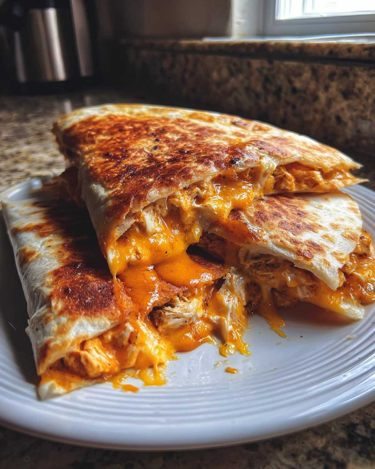 Close-up of stacked, grilled buffalo chicken quesadilla wedges oozing with melted orange cheese.