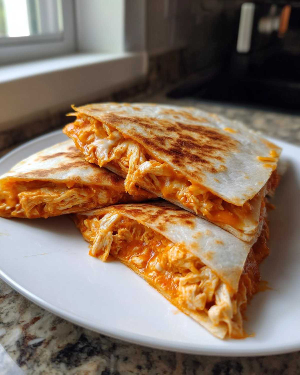 Close-up of stacked, golden-brown buffalo chicken quesadilla slices oozing with orange sauce and melted cheese.