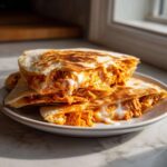 Close-up of a stacked, grilled buffalo chicken quesadilla oozing with orange sauce and melted white cheese.