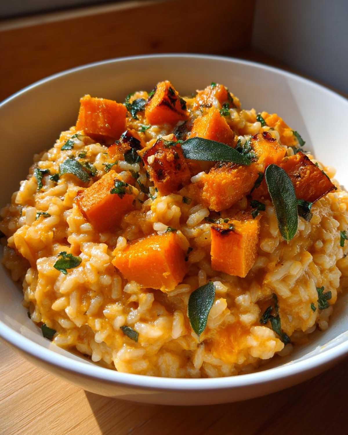Close-up of creamy Butternut Squash Risotto topped with roasted squash cubes and fresh sage leaves.