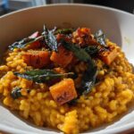 A close-up of creamy, orange Butternut Squash Risotto topped with roasted squash cubes and crispy fried sage leaves.