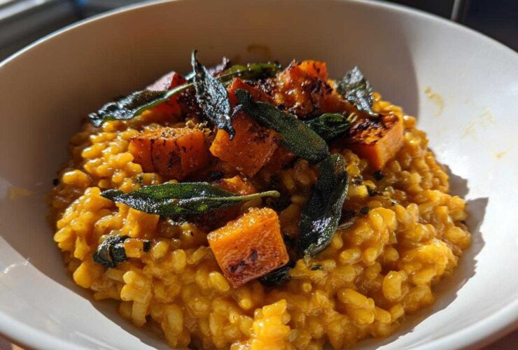 A close-up of creamy, orange Butternut Squash Risotto topped with roasted squash cubes and crispy fried sage leaves.