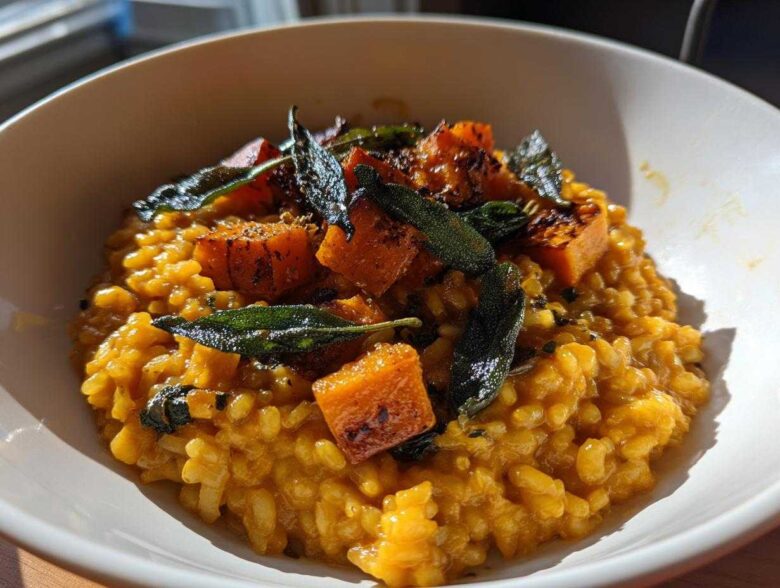 A close-up of creamy, orange Butternut Squash Risotto topped with roasted squash cubes and crispy fried sage leaves.