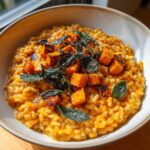 A close-up of creamy Butternut Squash Risotto topped with roasted squash cubes and crispy sage leaves.