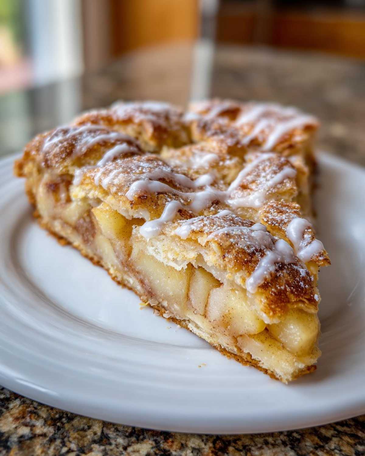 A close-up of a slice of buttery & sweet apple puff pastry, topped with cinnamon sugar and white icing drizzle.