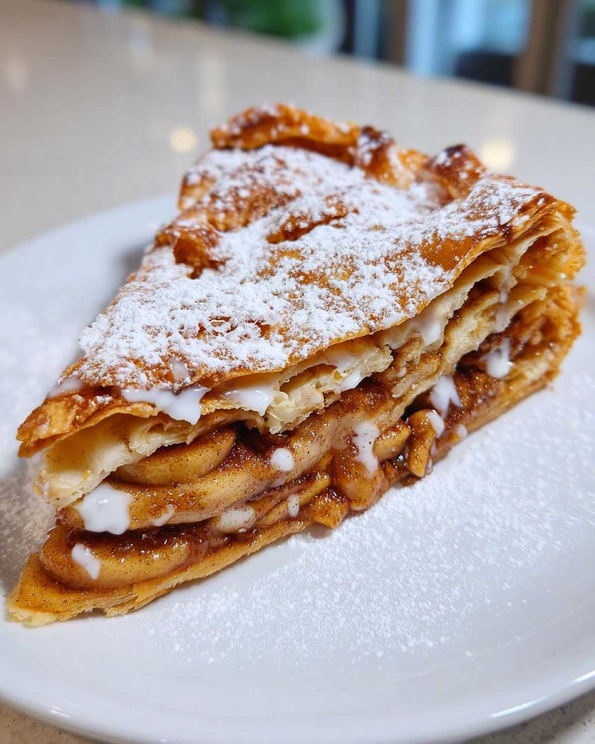 A close-up of a layered slice of buttery & sweet apple puff pastry, dusted with powdered sugar and drizzled with white icing.