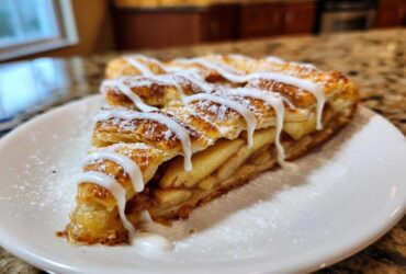 A slice of buttery & sweet apple puff pastry drizzled with white icing and dusted with powdered sugar.