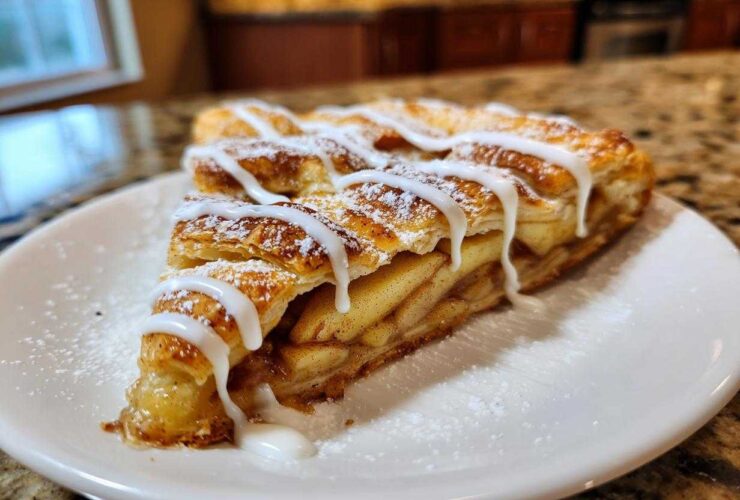 A slice of buttery & sweet apple puff pastry drizzled with white icing and dusted with powdered sugar.
