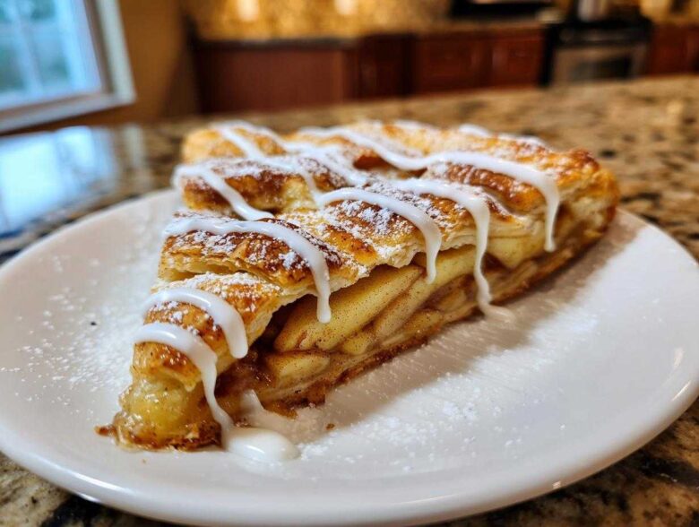 A slice of buttery & sweet apple puff pastry drizzled with white icing and dusted with powdered sugar.