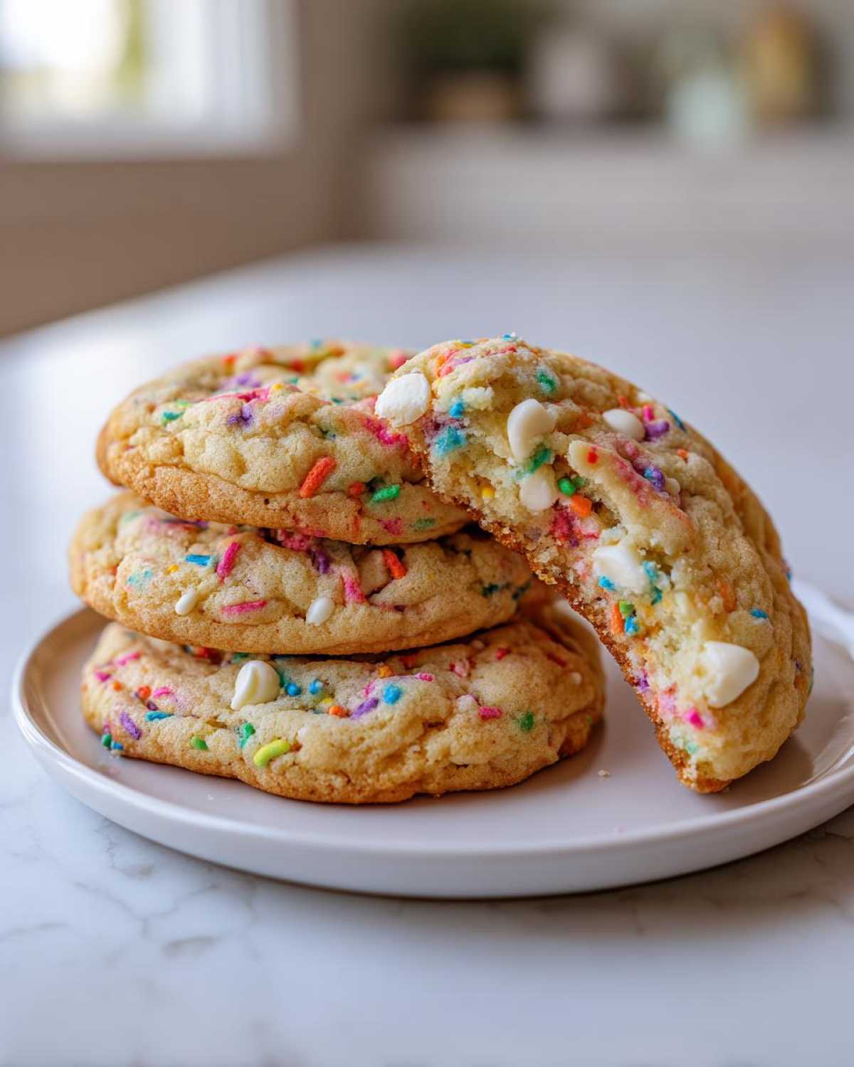 A stack of soft cake batter cookies loaded with colorful sprinkles and white chocolate chips, one cookie is broken open.