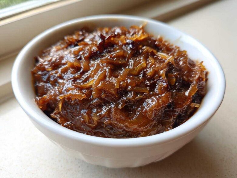 Close-up of deeply caramelized onions, the base for caramelized onion dip, glistening in a small white bowl.