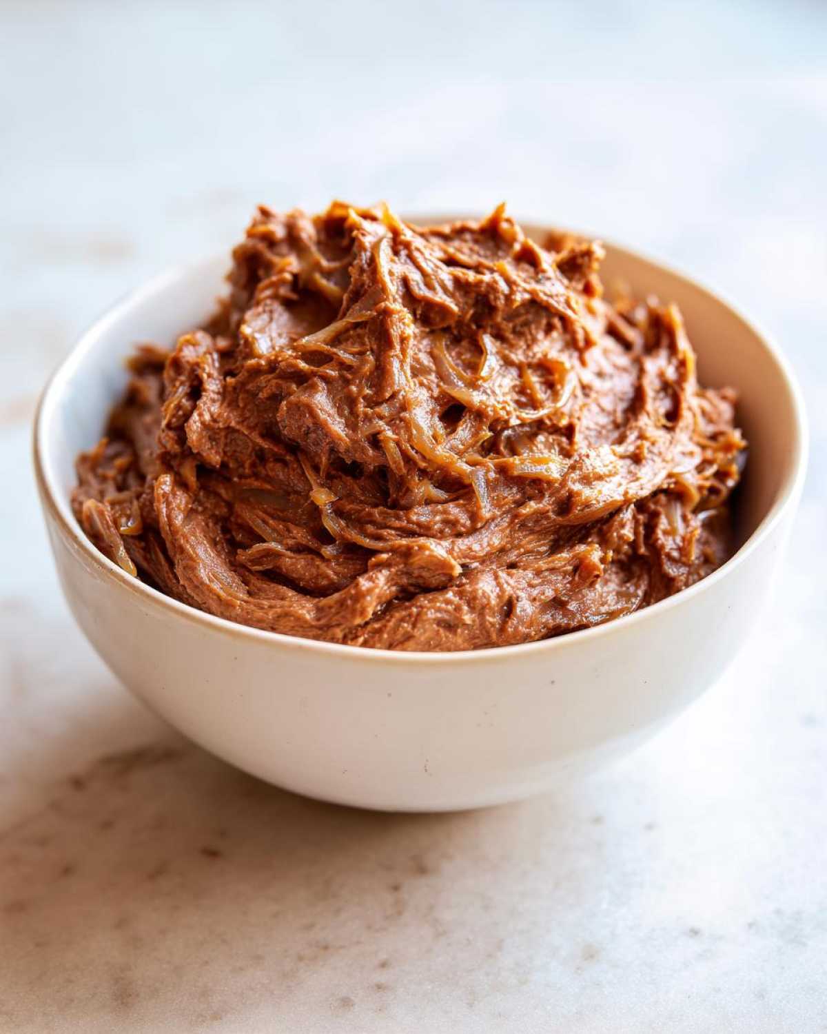 Close-up of rich, brown caramelized onion dip texture served in a small white bowl.