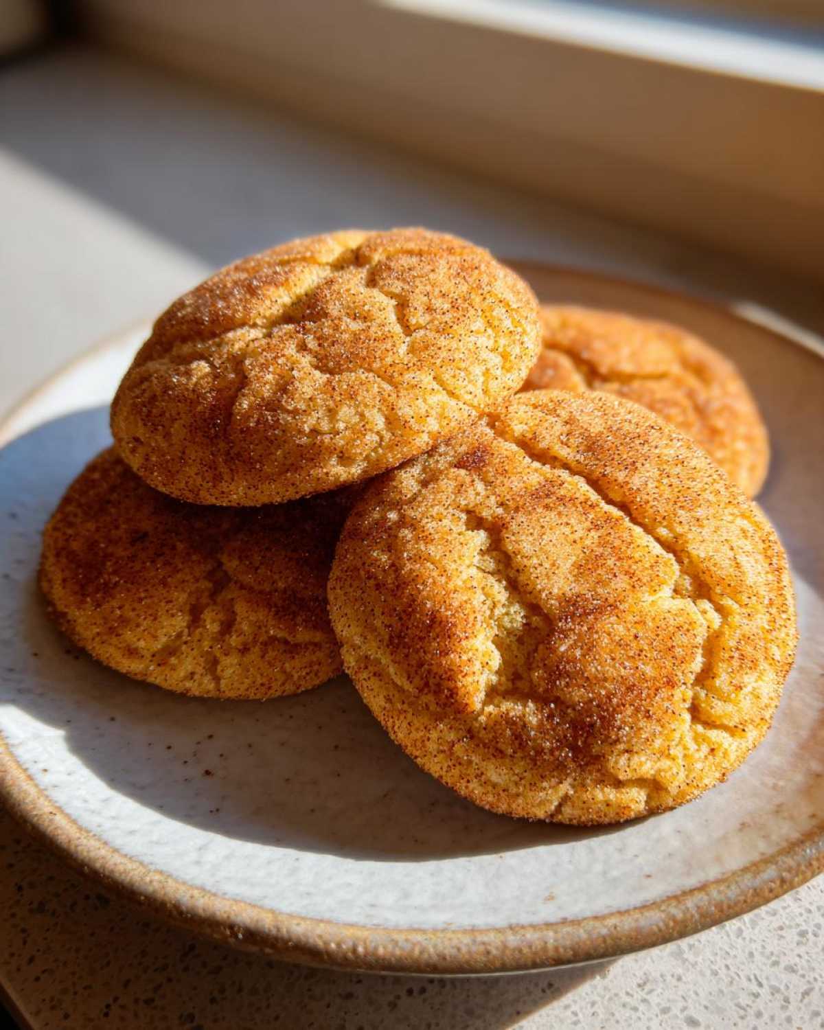 A close-up of four soft Chai Spiced Snickerdoodles coated in cinnamon sugar, resting on a rustic plate.