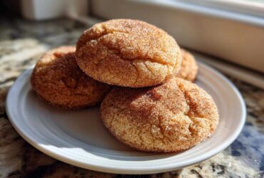 A stack of soft, freshly baked Chai Spiced Snickerdoodles generously coated in cinnamon sugar, resting on a white plate.