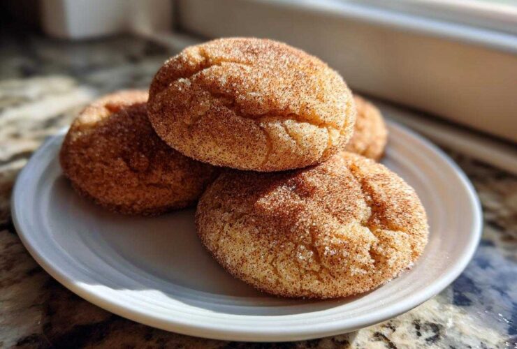 A stack of soft, freshly baked Chai Spiced Snickerdoodles generously coated in cinnamon sugar, resting on a white plate.
