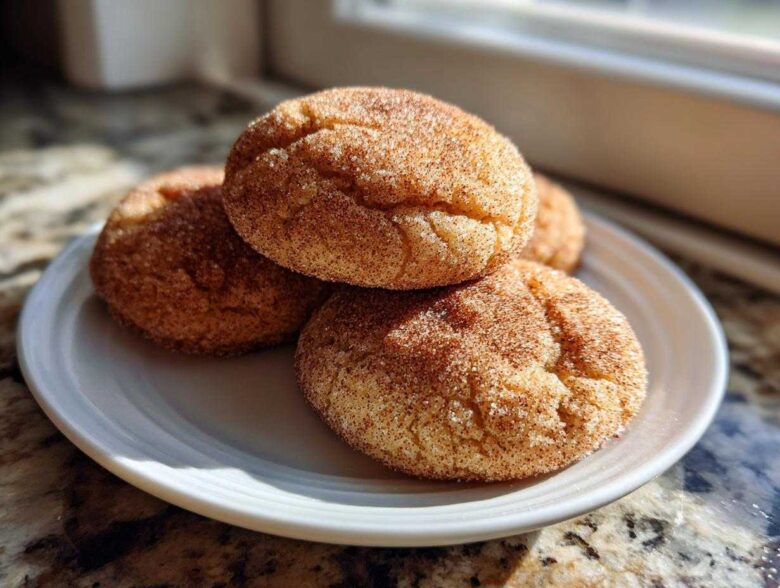 A stack of soft, freshly baked Chai Spiced Snickerdoodles generously coated in cinnamon sugar, resting on a white plate.