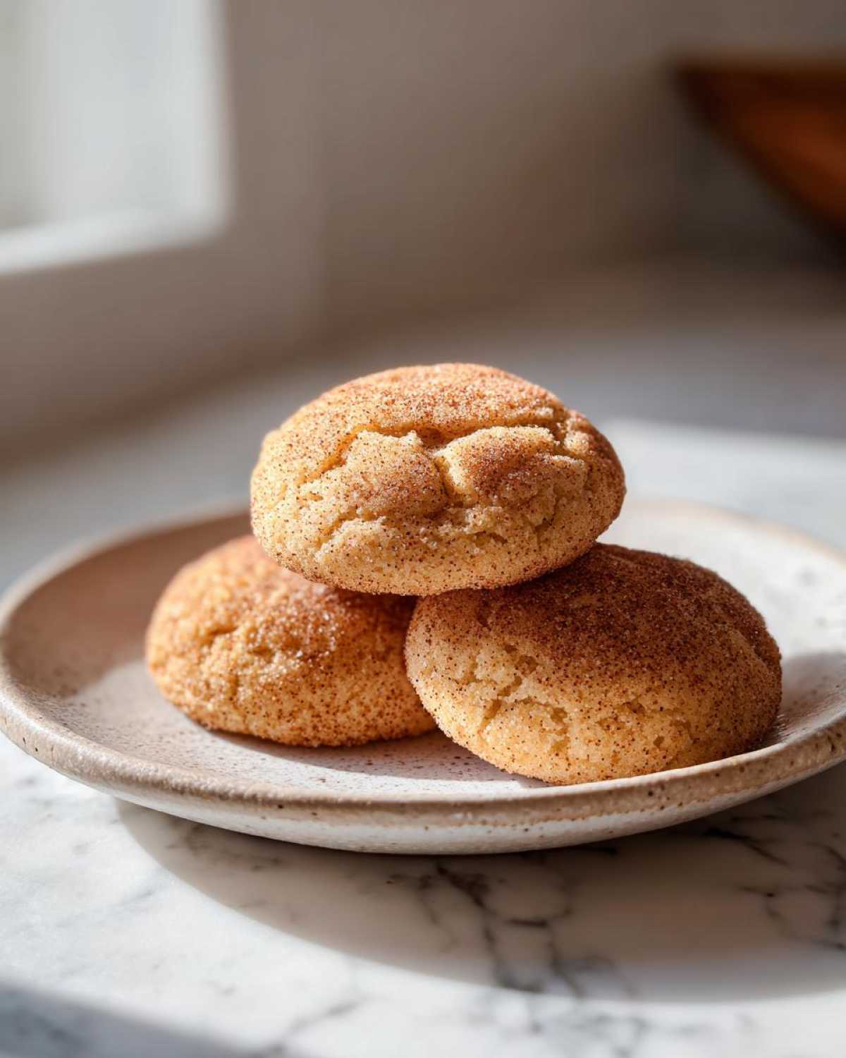 Three soft, round Chai Spiced Snickerdoodles coated in cinnamon sugar stacked on a rustic plate.
