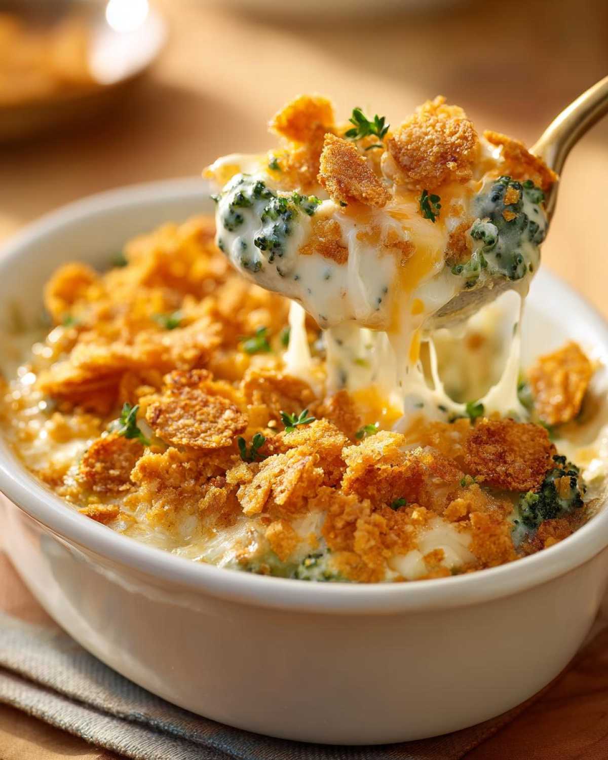 A spoonful of creamy, cheesy broccoli casserole being lifted from a white dish, showing melted cheese stretch.
