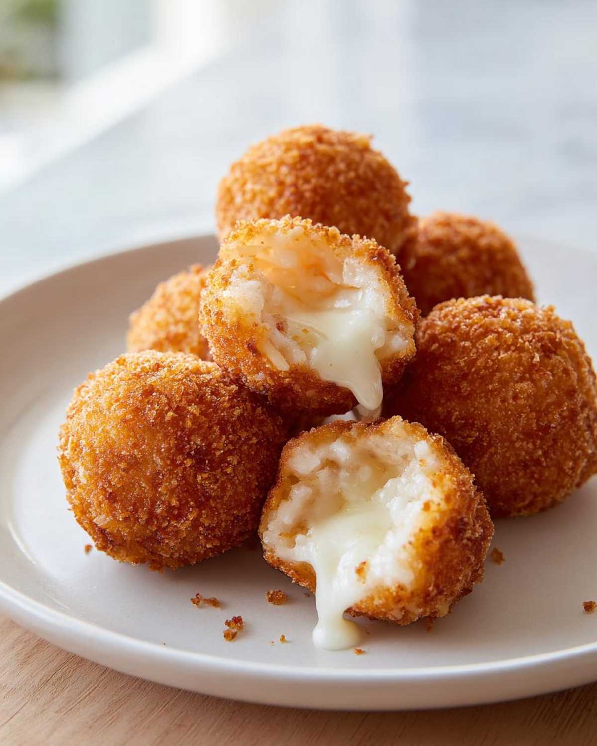 Close-up of golden brown, crispy rice balls, one broken open revealing a gooey, melted cheese center.
