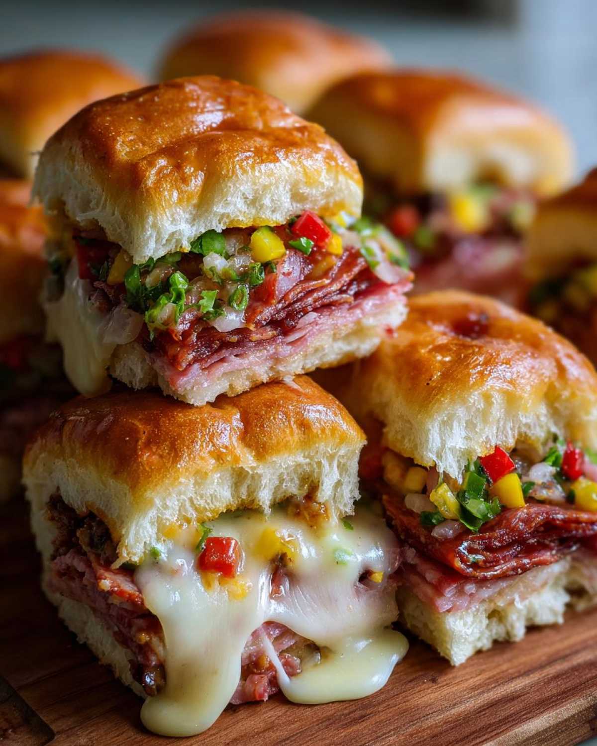 Close-up of several delicious grinder sliders stacked on a wooden board, featuring melted cheese and colorful toppings.