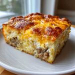 A close-up of a square slice of Hashbrown Breakfast Casserole, featuring a golden-brown cheesy top and visible layers of sausage.
