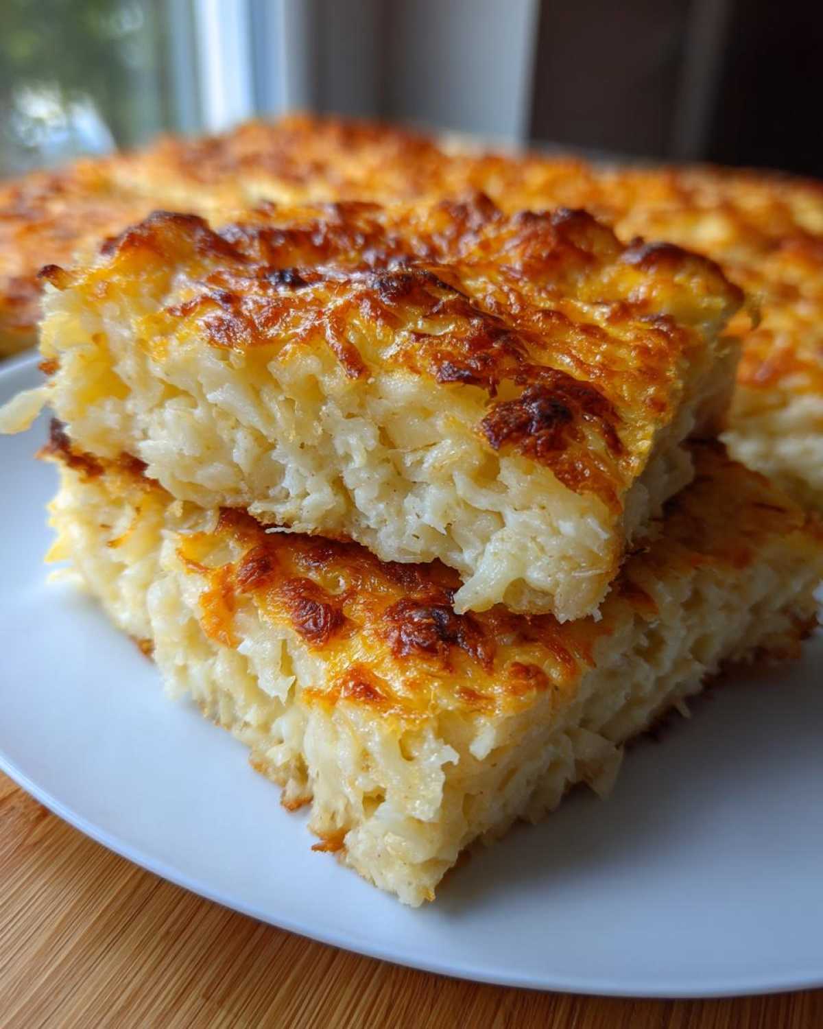Two stacked squares of baked hashbrown casserole with a golden, bubbly, and browned cheese topping.