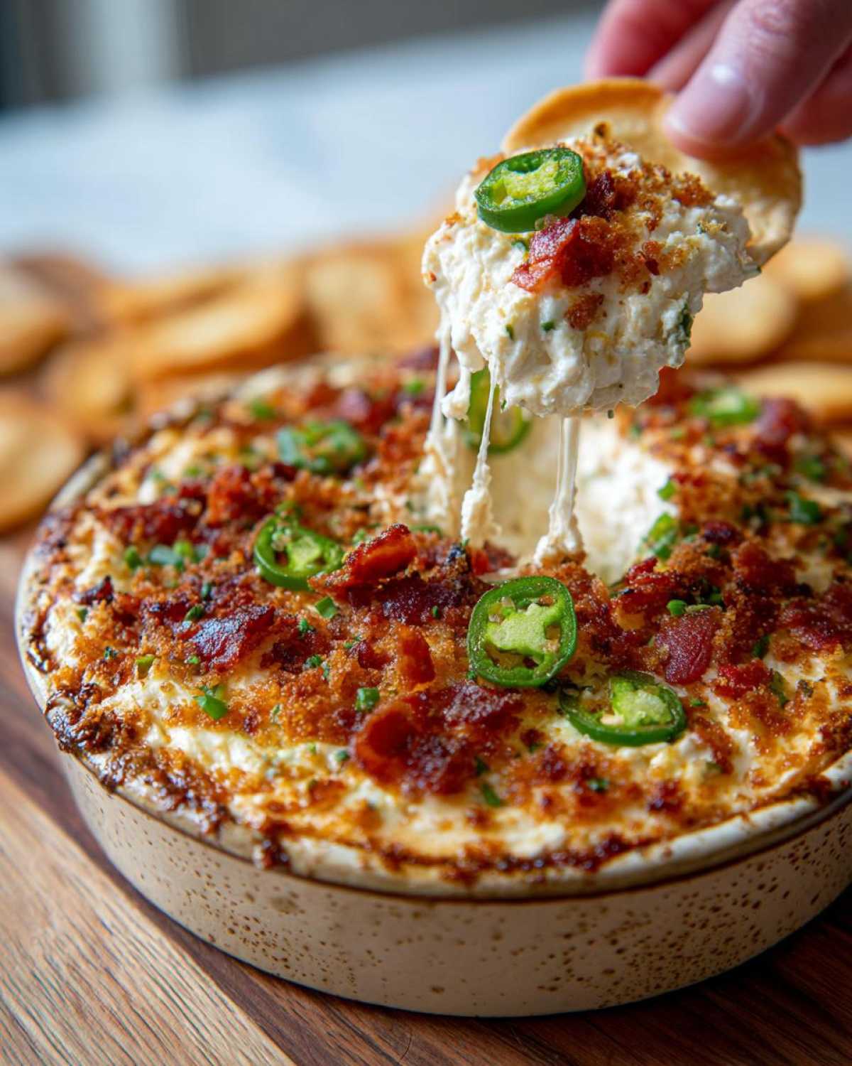A hand dips a cracker into a hot, cheesy Jalapeño popper dip topped with bacon and jalapeño slices.