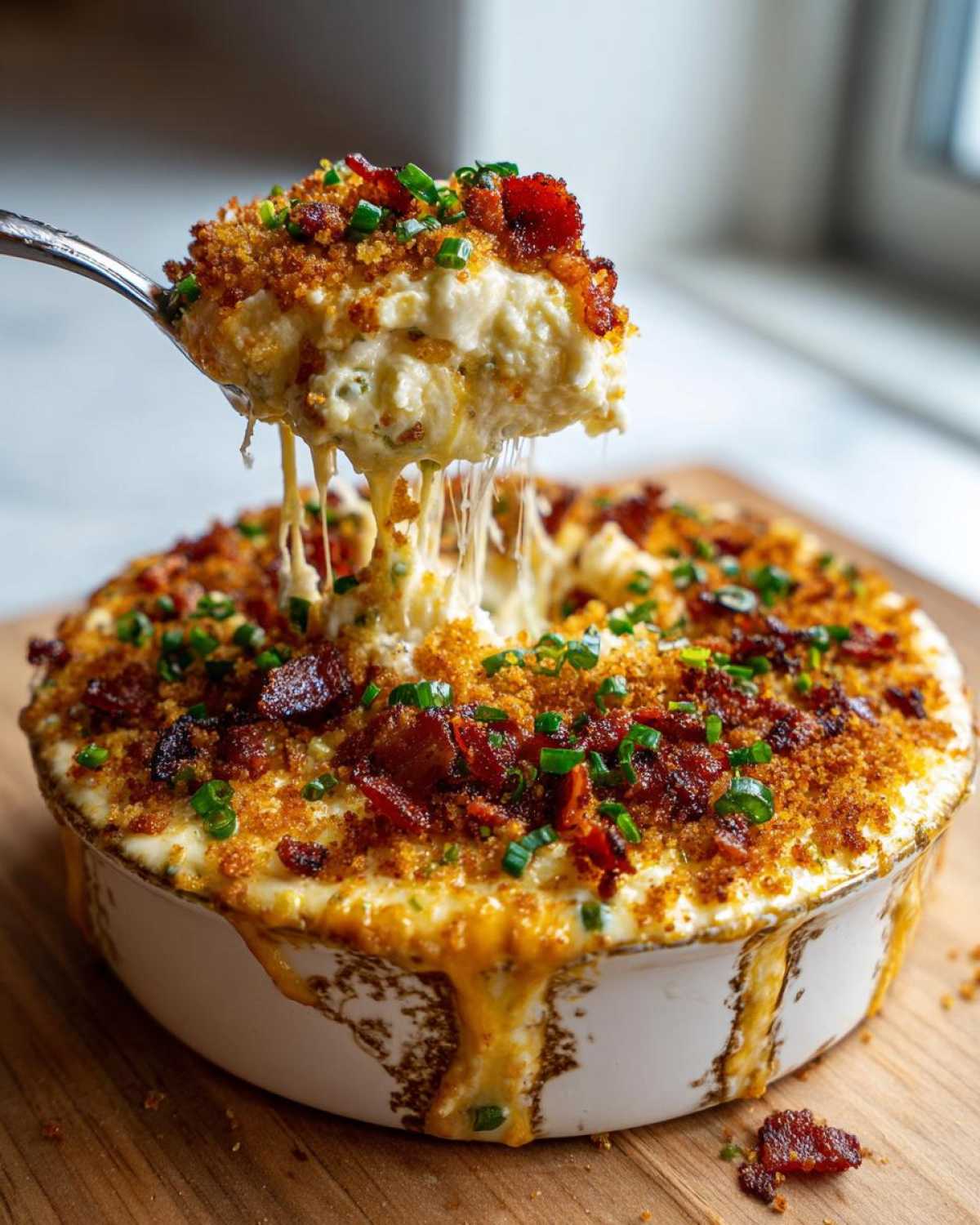 A spoonful of cheesy, hot Jalapeño popper dip with bacon and breadcrumbs being lifted, showing cheese pulls.