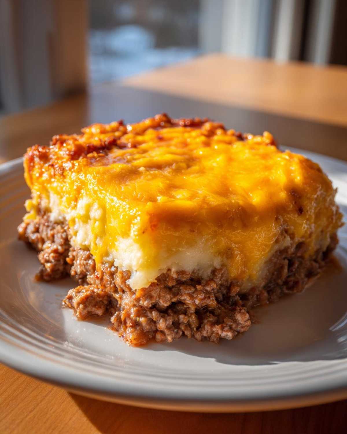 A close-up serving of meatloaf casserole featuring a layer of seasoned ground meat topped with mashed potatoes and melted cheddar cheese.