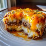 A close-up of a serving of meatloaf casserole showing layers of seasoned ground meat and mashed potatoes, topped with melted cheddar cheese and fresh thyme.