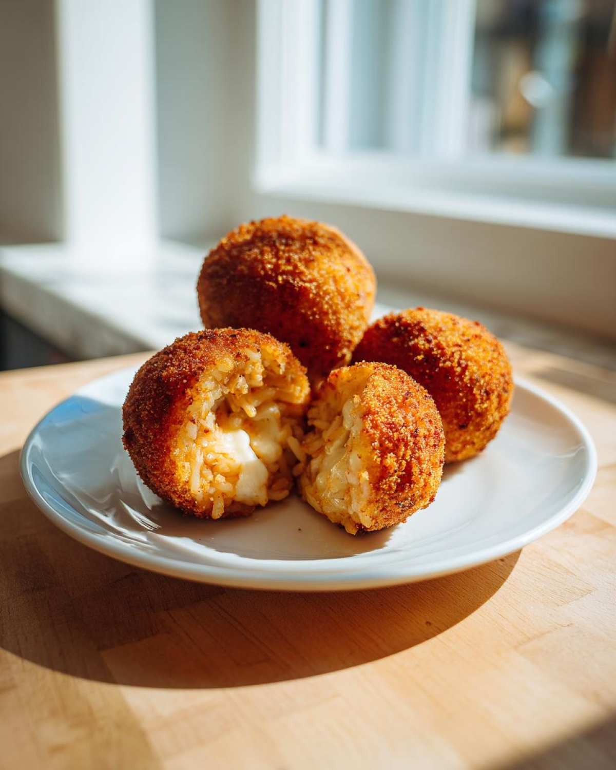Three golden brown, crispy rice balls served on a white plate, with one cut open revealing a melted, cheesy interior.