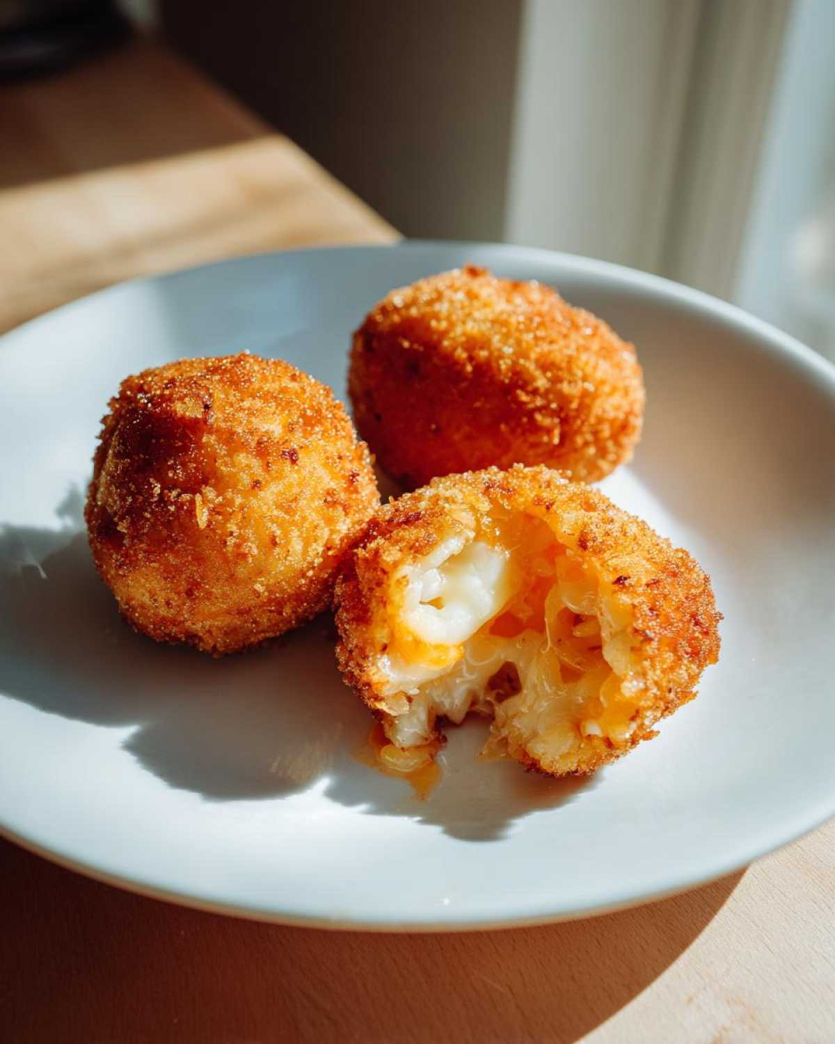 Three golden brown, crispy rice balls on a white plate, one of which is broken open revealing melted cheese inside.