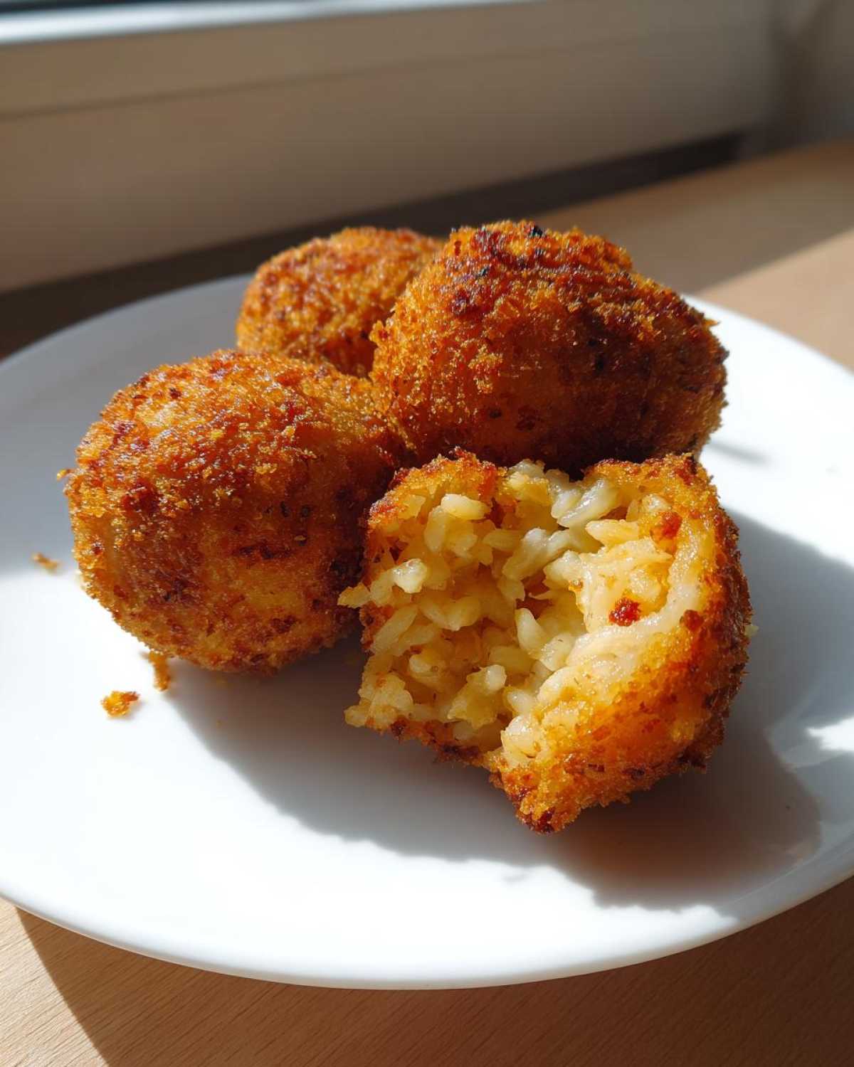 Close-up of three golden, crispy fried rice balls, one broken open showing the cheesy rice filling inside.
