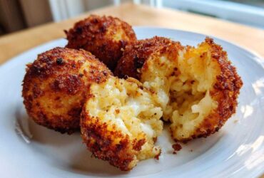 Close-up of golden, crispy fried rice balls, one broken open revealing a gooey, cheesy center.