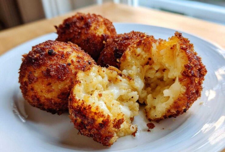 Close-up of golden, crispy fried rice balls, one broken open revealing a gooey, cheesy center.