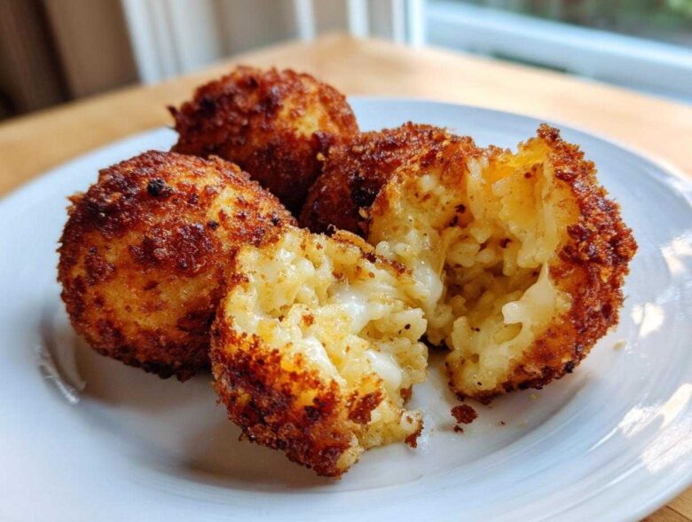 Close-up of golden, crispy fried rice balls, one broken open revealing a gooey, cheesy center.