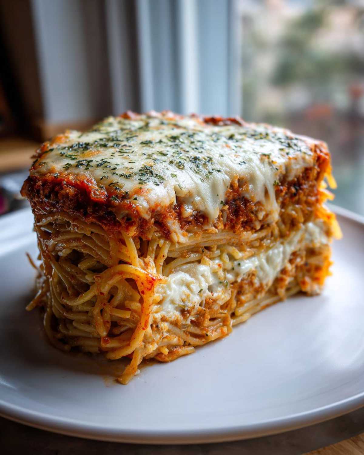 A tall, layered slice of cheesy spaghetti pie topped with melted mozzarella and herbs.