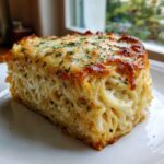 A thick, square slice of cheesy spaghetti pie with a golden-brown, baked cheese topping sprinkled with parsley.