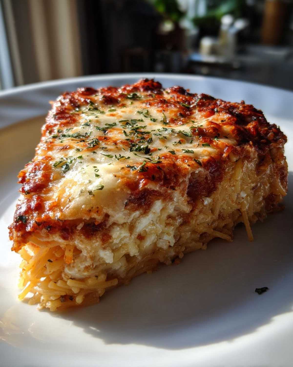 A thick, cheesy slice of baked spaghetti pie with a browned, bubbly cheese and sauce topping garnished with parsley.
