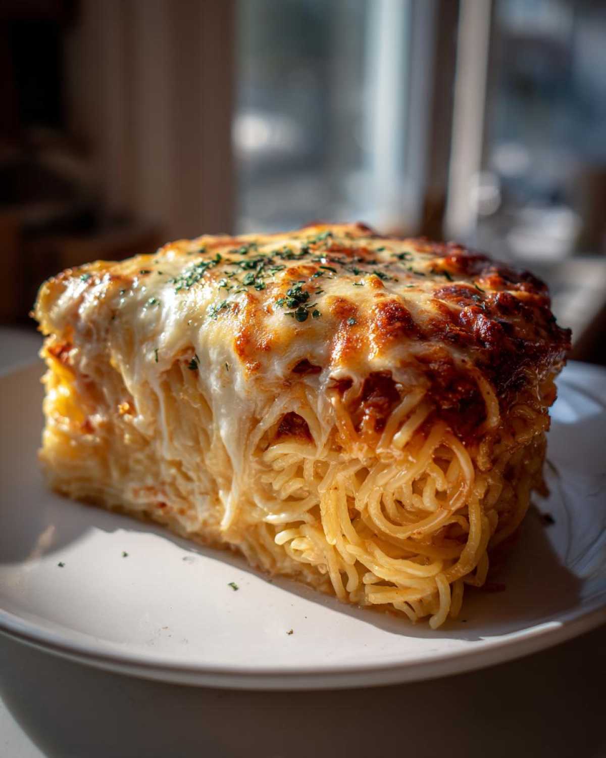 A thick, square slice of cheesy spaghetti pie topped with melted mozzarella and herbs, served on a white plate.