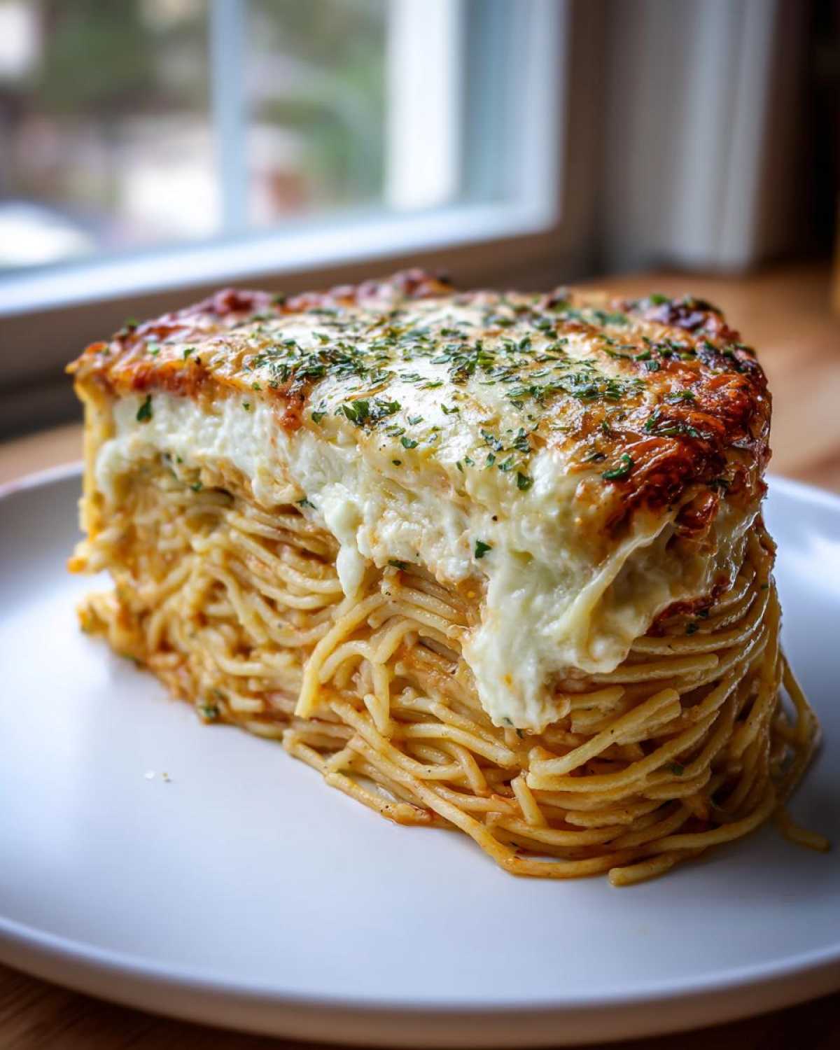 A tall, perfectly cut slice of cheesy spaghetti pie with a thick, browned cheese and sauce topping sprinkled with parsley.