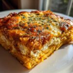 A thick, square slice of cheesy spaghetti pie with a golden-brown, baked top sprinkled with herbs, served on a white plate.