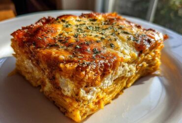 A thick, square slice of cheesy spaghetti pie with a golden-brown, baked top sprinkled with herbs, served on a white plate.