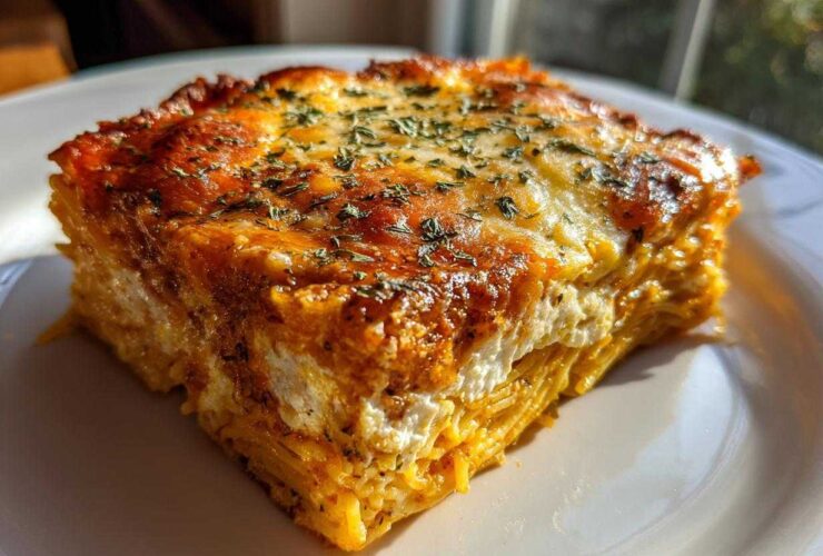 A thick, square slice of cheesy spaghetti pie with a golden-brown, baked top sprinkled with herbs, served on a white plate.