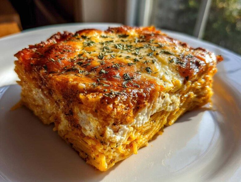 A thick, square slice of cheesy spaghetti pie with a golden-brown, baked top sprinkled with herbs, served on a white plate.