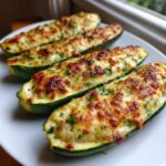 Four baked Cheesy Zucchini Boats topped with melted, browned cheese and fresh parsley on a white plate.