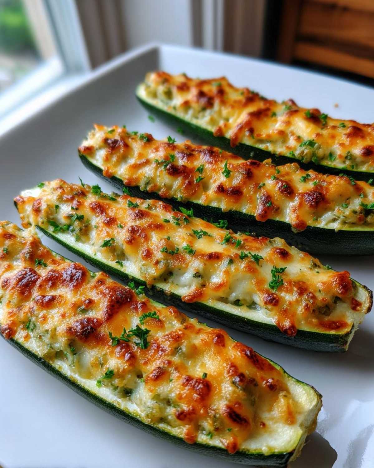 Four baked Cheesy Zucchini Boats filled with a creamy mixture and topped with melted, browned cheese and parsley.