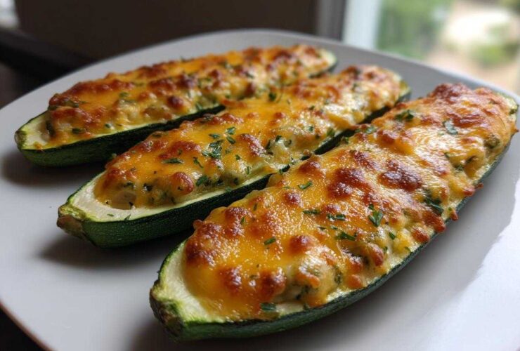 Three baked Cheesy Zucchini Boats filled with a creamy mixture and topped with melted, browned cheese and parsley.