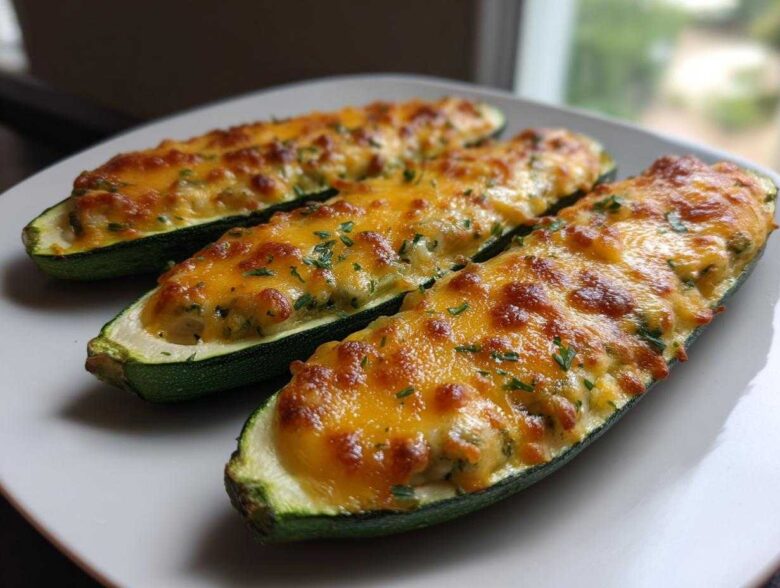Three baked Cheesy Zucchini Boats filled with a creamy mixture and topped with melted, browned cheese and parsley.
