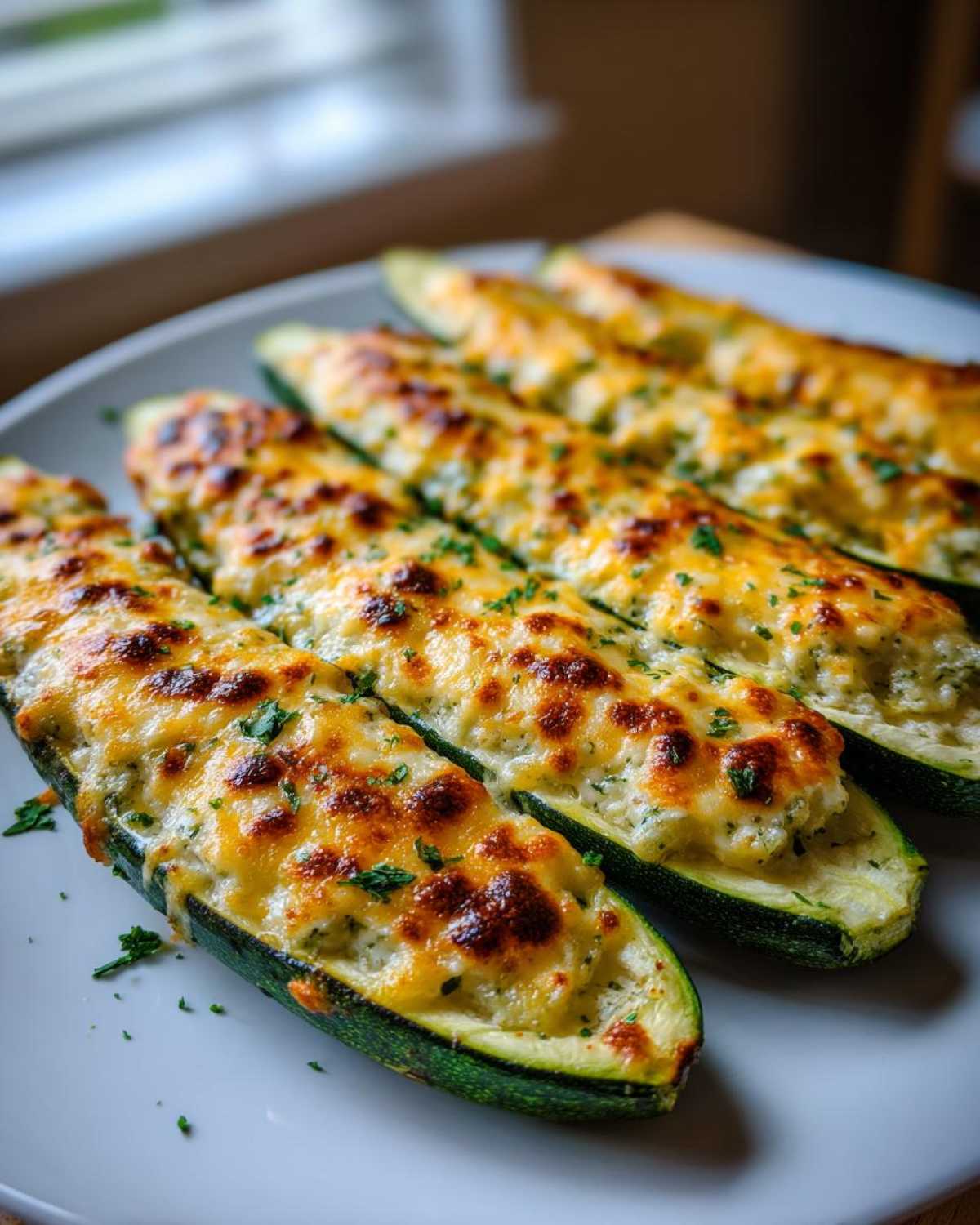 Close-up of several baked Cheesy Zucchini Boats topped with melted, browned cheese and parsley.